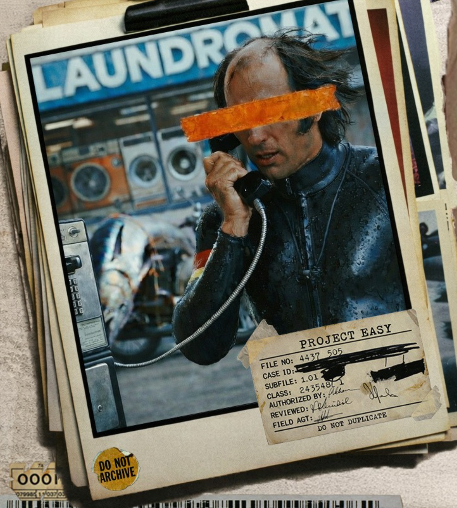 An OOOI dossier photograph of Bill at a payphone, his eyes obscured by orange tape
