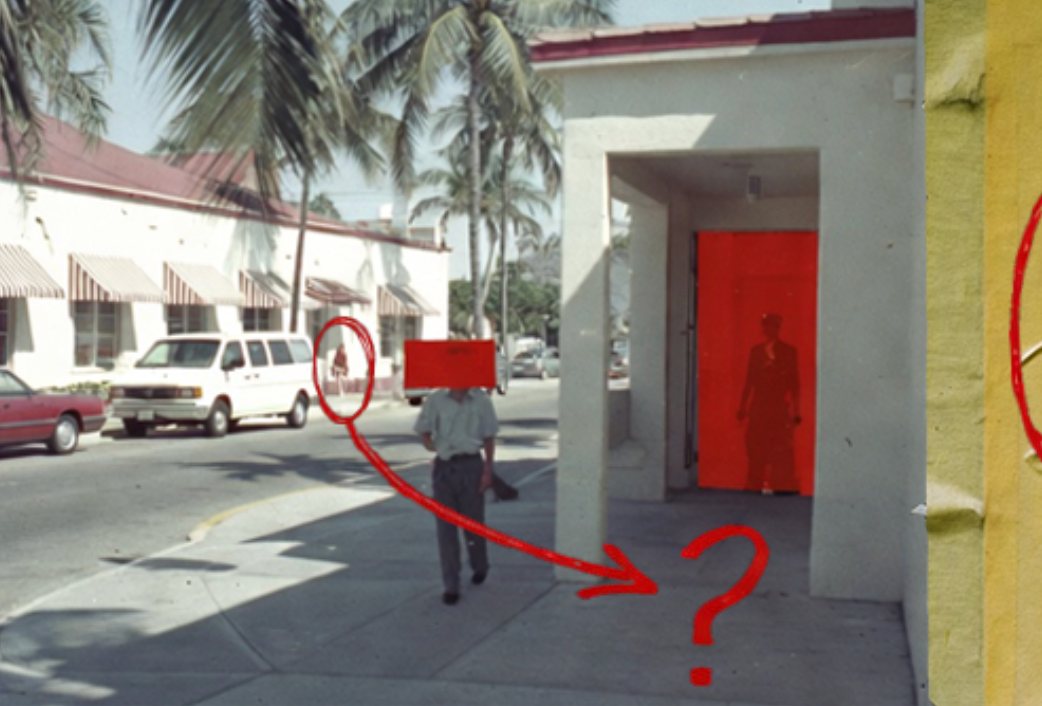 A Key West street marked with red arrows, an obscured figure, and an unexplained doorway