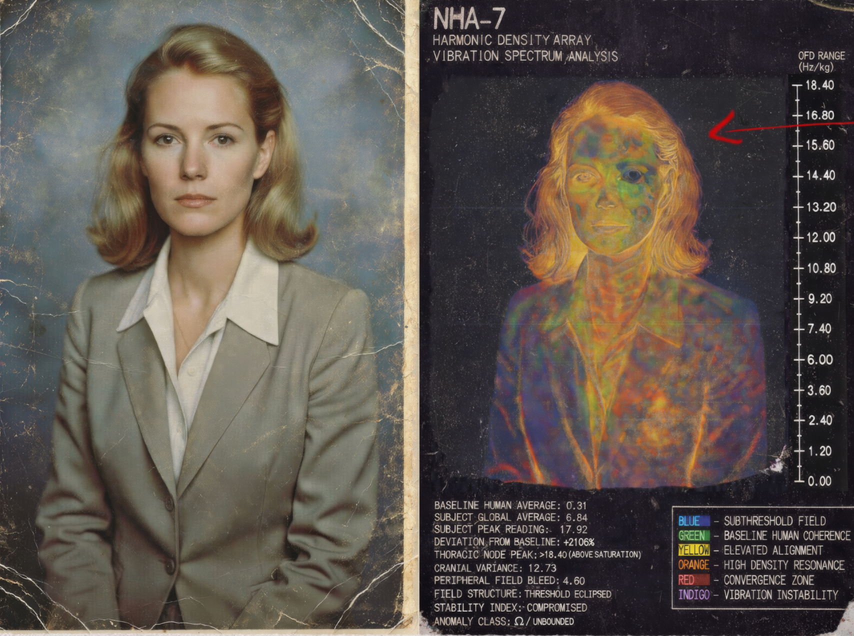 Maude’s portrait alongside a false-color harmonic analysis